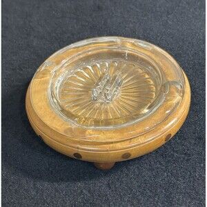 Vintage Inlayed  Wood With Glass Insert Ashtray With Matchbook Holder B8